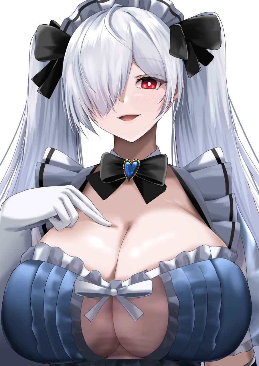 1girl, alternate_costume, breasts, cinderella_(nikke), gloves, goddess_of_victory:_nikke, highres, hogehogehoge_t, huge_breasts, looking_at_viewer, maid, maid_headdress, red_eyes, simple_background, solo, twintails, upper_body, white_background, white_gloves, white_hair