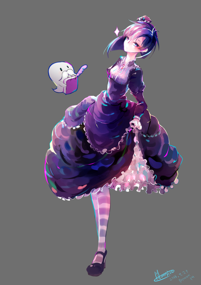 1girl, black_dress, blackberry_cookie, bow, brooch, cookie_run, cookie_run:_ovenbreak, dress, frills, full_body, highres, humanization, jewelry, juliet_sleeves, lolita_fashion, long_hair, long_sleeves, looking_at_viewer, petticoat, puffy_sleeves, purple_eyes, purple_hair, short_hair, solo, soomin8879