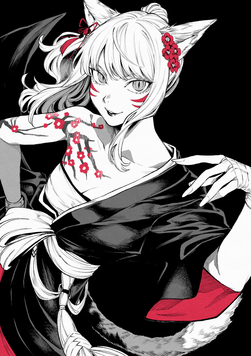 1girl, animal_ears, bandaged_hand, bandages, black_background, breasts, cat_ears, cat_girl