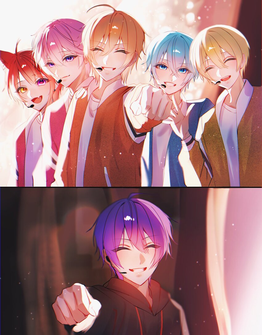 6+boys, absurdres, ahoge, animal_ears, bimigohan16, black_hoodie, blonde_hair, blue_eyes