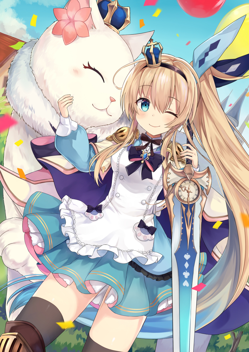1girl, absurdres, alice_(grimms_notes), alice_(ride)_(grimms_notes), animal, aqua_dress, aqua_hair, armor, balloon, black_ribbon, black_thighhighs, blonde_hair, blue_crown, blue_eyes, blue_gem, breasts, cat, closed_eyes, confetti, crown, dinah_(grimms_notes), dinah_(ride)_(grimms_notes), dress, ear_flower, flower, gem, giant_cat, gradient_hair, grimms_notes, highres, holding, holding_sword, holding_weapon, long_hair, looking_at_viewer, multicolored_hair, oversized_animal, pink_flower, retsuto, ribbon, shoulder_armor, side_ponytail, smile, sword, thighhighs, very_long_hair, weapon