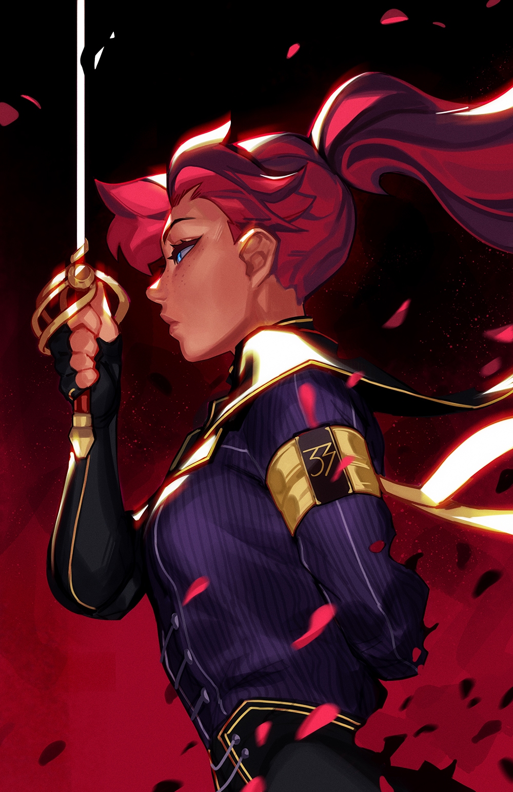 1girl, arm_behind_back, armband, black_gloves, blue_eyes, clair_obscur:_expedition_33, closed_mouth, fingerless_gloves, floral_dissolve, freckles, from_side, gloves, highres, holding, holding_sword, holding_weapon, lips, long_hair, maelle_(clair_obscur:_expedition_33), ponytail, qtori, rapier, red_hair, solo, sword, sword_in_front_of_face, weapon, wind