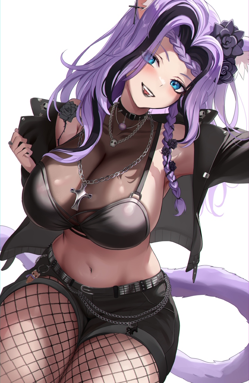 1girl, animal_ears, black_hair, black_lips, black_shorts, blue_eyes, braid, breasts, cat_ears, cat_tail, collar, cross, cross_necklace, diamond-shaped_pupils, diamond_(shape), eyes_visible_through_hair, fishnet_pantyhose, fishnets, flower, hair_flower, hair_ornament, highres, indie_virtual_youtuber, jacket, jewelry, large_breasts, long_hair, looking_at_viewer, midriff, multicolored_hair, navel, necklace, open_clothes, open_jacket, open_mouth, pantyhose, purple_hair, rogue_liliana, second-party_source, shorts, shoulder_tattoo, skull_necklace, solo, spiked_collar, spikes, stone_(ksorede), streaked_hair, symbol-shaped_pupils, tail, tattoo, virtual_youtuber, white_background