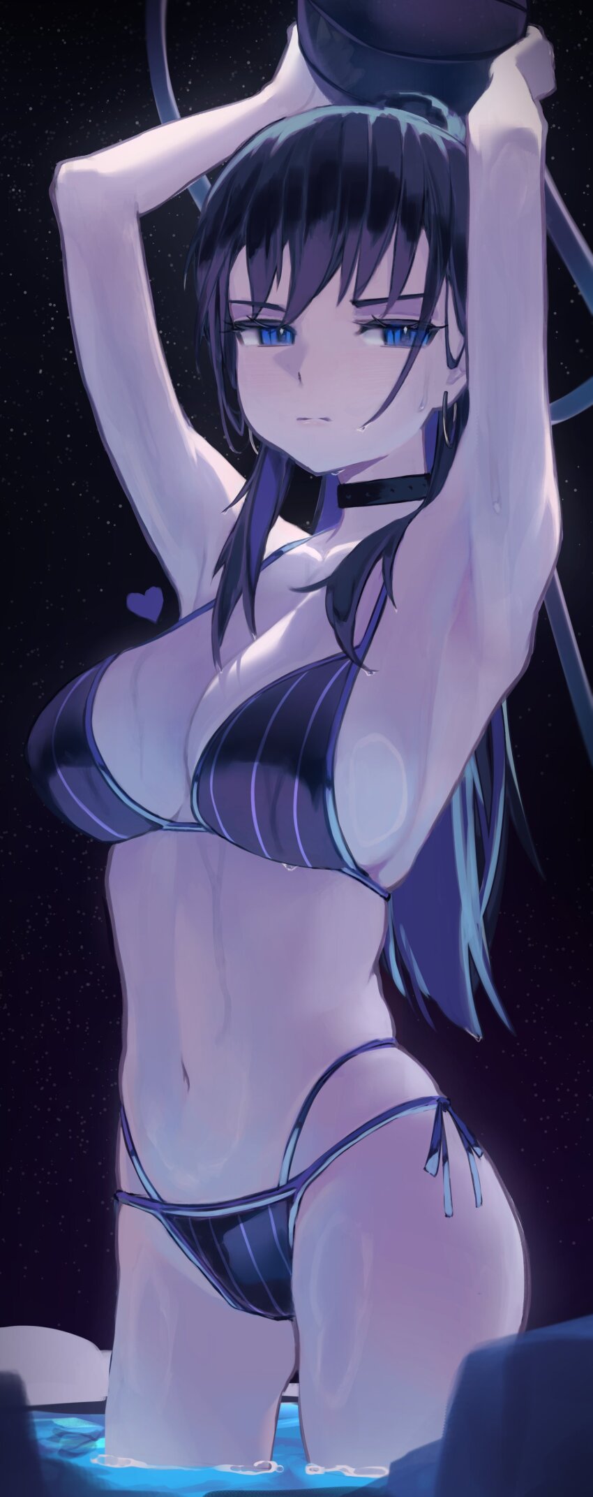 1girl, absurdres, adapted_costume, arms_up, bikini, black_background, black_bikini, black_choker