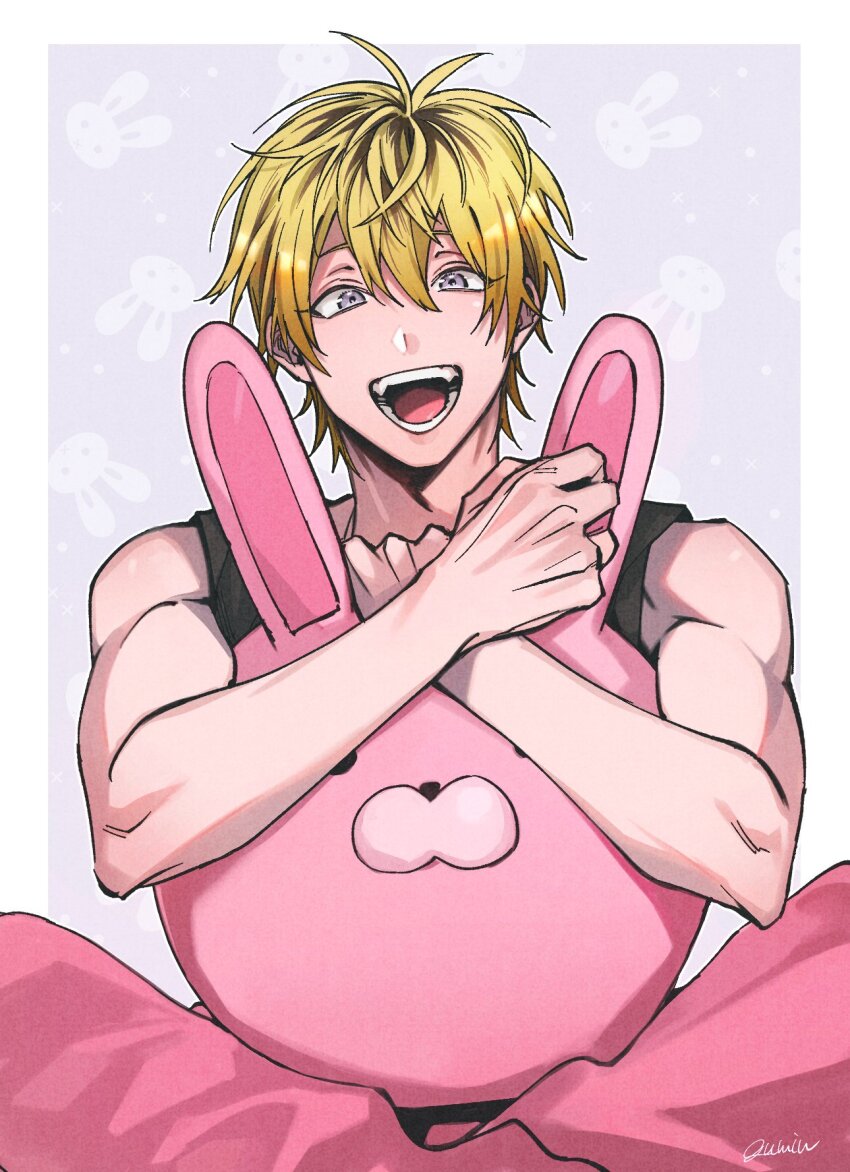 1boy, bare_shoulders, black_tank_top, border, commentary_request, copyright_request, double-parted_bangs, gmn_all