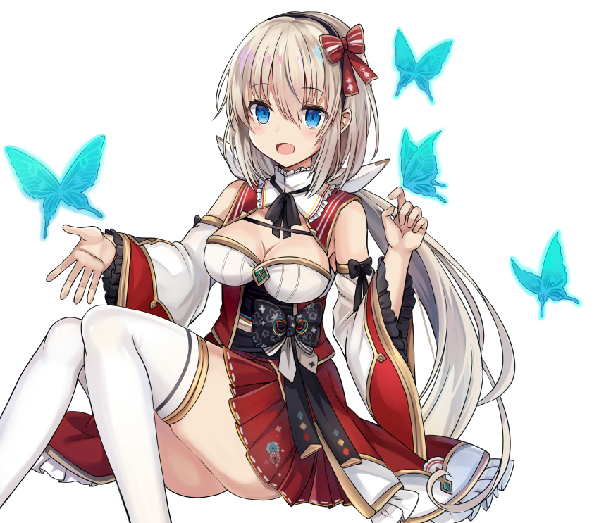 1girl, :d, absurdres, alternate_costume, aqua_butterfly, blue_eyes, breasts, cleavage