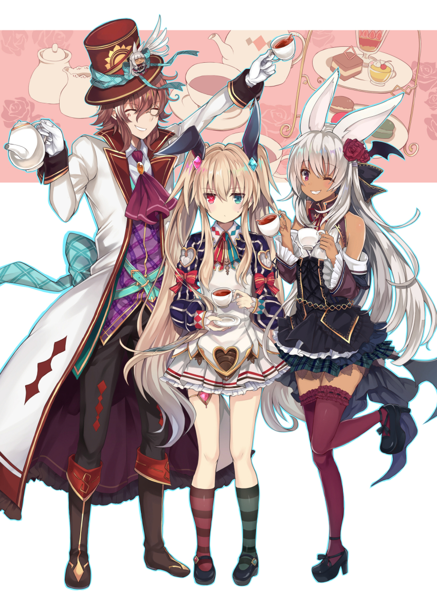 1boy, 2girls, absurdres, animal_ears, aqua_belt, aqua_eyes, ascot, asymmetrical_legwear