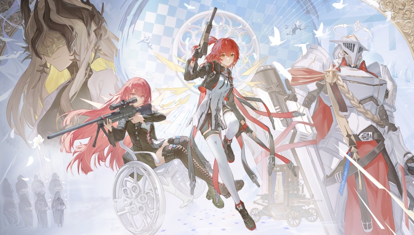 1boy, 3girls, absurdres, ai_arctic_warfare, angel, arknights, armor, bird