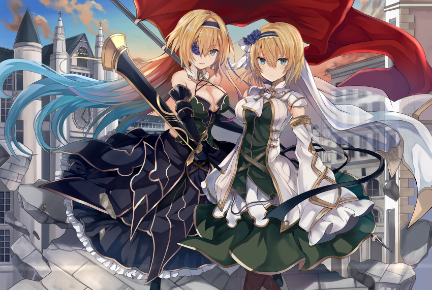 2girls, absurdres, aqua_eyes, aqua_hair, ascot, black_dress, black_gloves, black_hairband, blonde_hair, blue_flower, blue_rose, breasts, brown_thighhighs, chaos_jeanne_(grimms_notes), cleavage, closed_mouth, collar, detached_sleeves, dress, elbow_gloves, flag, flower, flower_over_eye, gloves, green_dress, grimms_notes, hair_flower, hair_ornament, hairband, highres, holding, holding_flag, holding_sword, holding_weapon, jeanne_d'arc_(grimms_notes), jeanne_d'arc_(seijo)_(grimms_notes), large_breasts, looking_at_viewer, multicolored_hair, multiple_girls, open_mouth, red_flag, red_hair, retsuto, rose, sleeves_past_fingers, sleeves_past_wrists, smile, sword, thighhighs, veil, weapon, white_ascot, white_collar, white_sleeves, white_veil