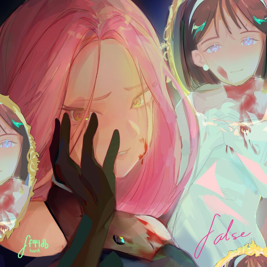 2girls, alien_stage, artist_name, black_gloves, black_hair, blood, blood_on_face, blood_on_neck