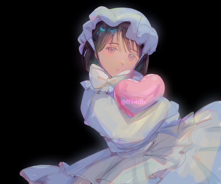 1girl, alien_stage, black_background, black_hair, bow, closed_mouth, commentary, dress