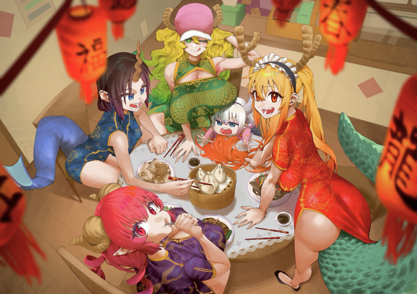 5girls, baseball_cap, blue_dress, breasts, china_dress, chinese_clothes, chinese_food, cleavage