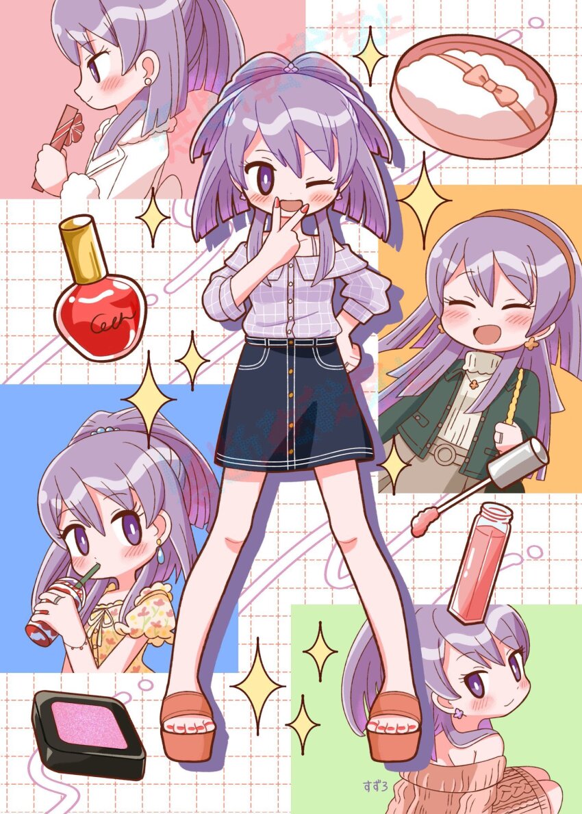 1girl, ^_^, aika_himena, alternate_costume, bare_legs, bare_shoulders, belt, black_jacket, blue_skirt, blunt_ends, blush, bow-shaped_hair, bra_strap, bright_pupils, brown_belt, buttons, casual, chocolate, closed_eyes, closed_mouth, collared_jacket, collared_shirt, compact_(cosmetics), cosmetics, dark_skin, denim, denim_skirt, dot_nose, dress, drinking, earrings, eating, eyelashes, flower, flower_earrings, frilled_shirt, frills, from_side, grid_background, hair_between_eyes, hair_bobbles, hair_flower, hair_ornament, hairband, hand_on_own_hip, highres, jacket, jewelry, leon0510, long_hair, long_sleeves, looking_at_viewer, looking_back, magia_record:_mahou_shoujo_madoka_magica_gaiden, mahou_shoujo_madoka_magica, miniskirt, multiple_views, nail_polish, nail_polish_bottle, nail_polish_brush, o-ring, o-ring_belt, off-shoulder_dress, off-shoulder_shirt, off_shoulder, one_eye_closed, open_mouth, orange_sandals, pink_dress, pink_nails, plaid_clothes, plaid_shirt, platform_sandals, pocket, pointy_nose, powder_puff, puffy_short_sleeves, puffy_sleeves, purple_eyes, purple_hair, purple_shirt, red_hairband, ribbon, sandals, shirt, short_dress, short_sleeves, sidelocks, signature, skirt, smile, sparkle, standing, straight-on, sweater, sweater_dress, toenail_polish, toenails, turtleneck, turtleneck_sweater, v, white_background, white_pupils, white_ribbon, white_sweater, yellow_shirt