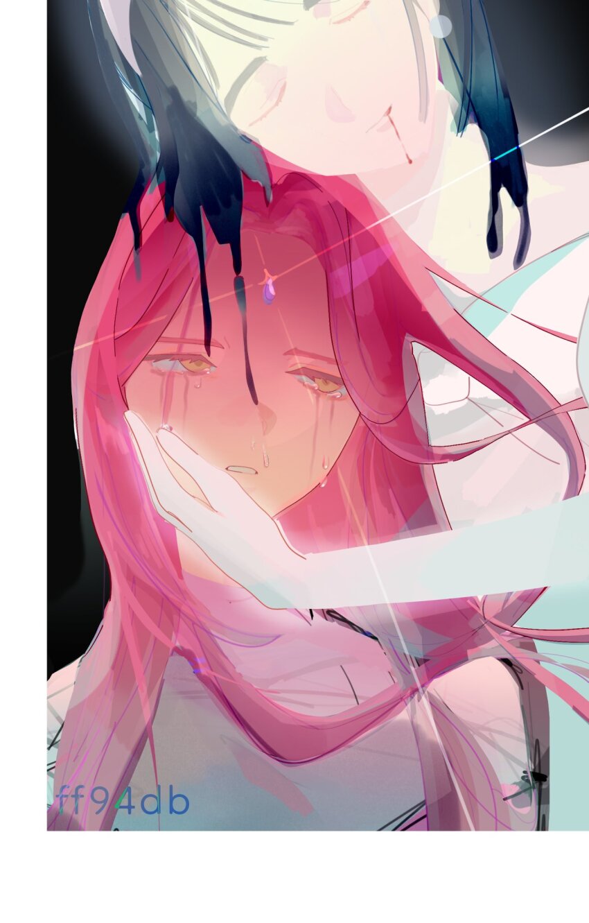 2girls, alien_stage, artist_name, black_hair, blood, blood_from_mouth, closed_eyes, commentary