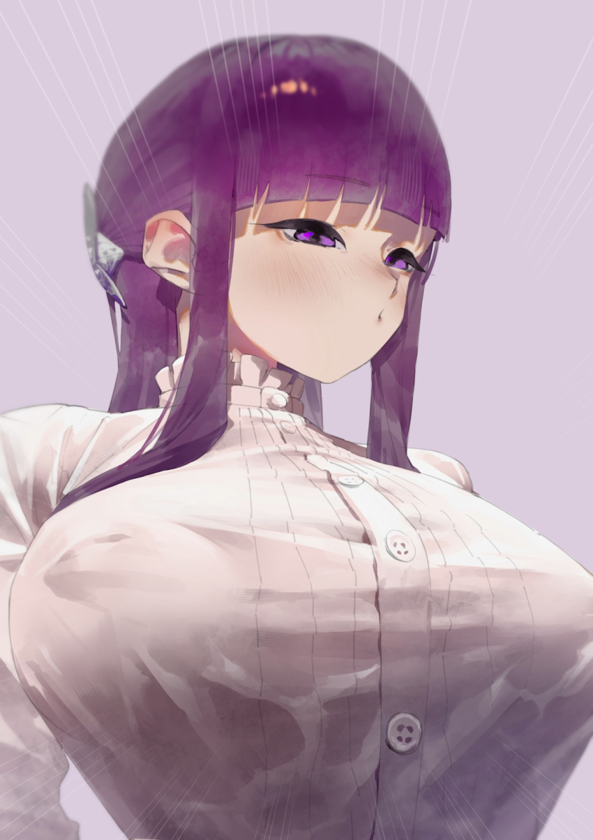 1girl, blunt_bangs, breast_focus, breasts, fern_(sousou_no_frieren), highres, kuriki_art, large_breasts