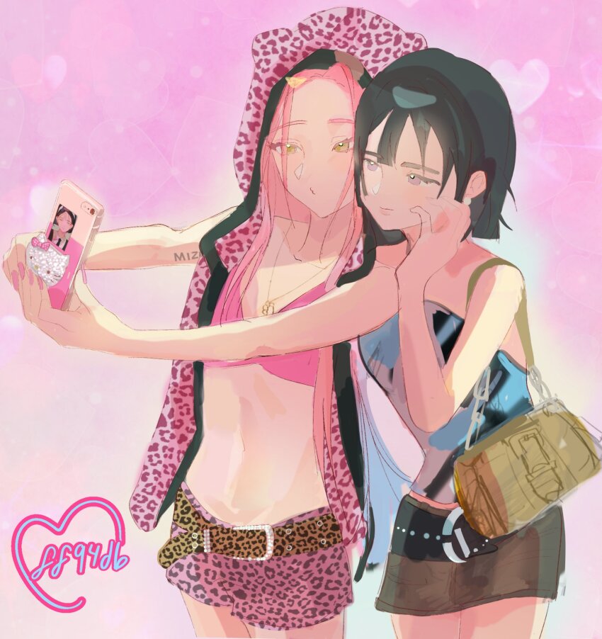 2girls, alien_stage, animal_print, arm_tattoo, artist_name, bag, belt, black_hair, black_skirt, blue_shirt, bob_cut, brown_bag, brown_belt, cellphone, commentary, denim, denim_skirt, english_commentary, ff94_db, hello_kitty, hello_kitty_(character), highres, holding, holding_phone, hood, hood_up, jewelry, leopard_print, long_hair, midriff, miniskirt, mizi_(alien_stage), multiple_girls, navel, necklace, phone, pink_hair, pink_shorts, puckered_lips, purple_eyes, sanrio, selfie, shirt, short_hair, shorts, shoulder_bag, skirt, sleeveless, sleeveless_jacket, smartphone, strapless, strapless_shirt, sua_(alien_stage), tattoo, yellow_eyes