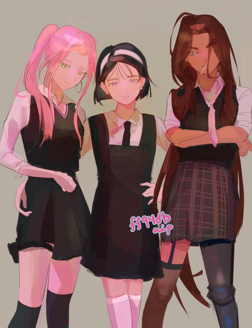 3girls, alien_stage, arm_around_another's_waist, artist_name, black_dress, black_hair, black_necktie, black_skirt