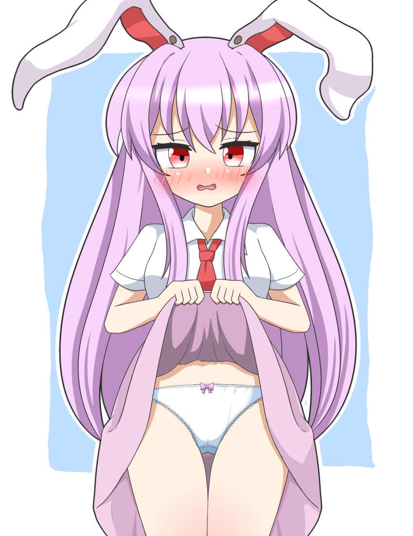 1girl, absurdres, animal_ears, blue_background, blush, border, bow, bow_panties