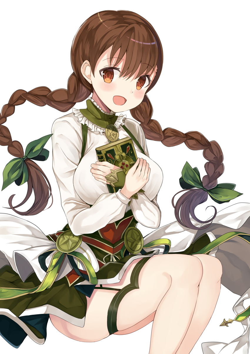 1girl, absurdres, book, braid, breasts, brown_eyes, brown_hair, collar