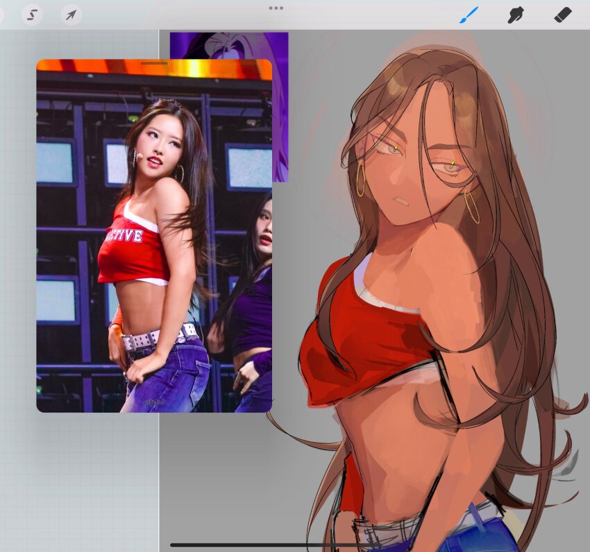 1girl, alien_stage, art_program_in_frame, belt, brown_hair, cosplay, crop_top, dark-skinned_female, dark_skin, denim, earrings, ff94_db, grey_eyes, highres, hoop_earrings, hyuna_(alien_stage), jewelry, long_hair, midriff, olivia_hye, olivia_hye_(cosplay), photo-referenced, red_shirt, reference_inset, shirt, single_bare_shoulder, single_sleeve, solo, unfinished, very_long_hair, white_belt