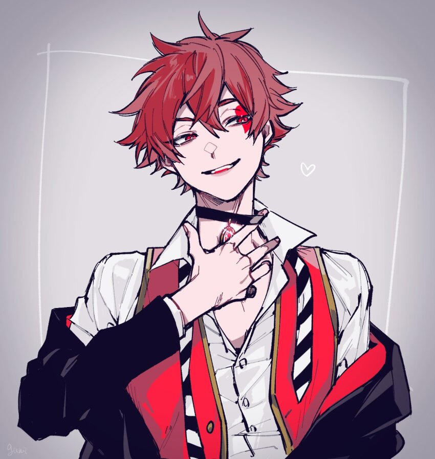 1boy, ace_trappola, black_choker, black_jacket, buttons, choker, collared_shirt, commentary_request