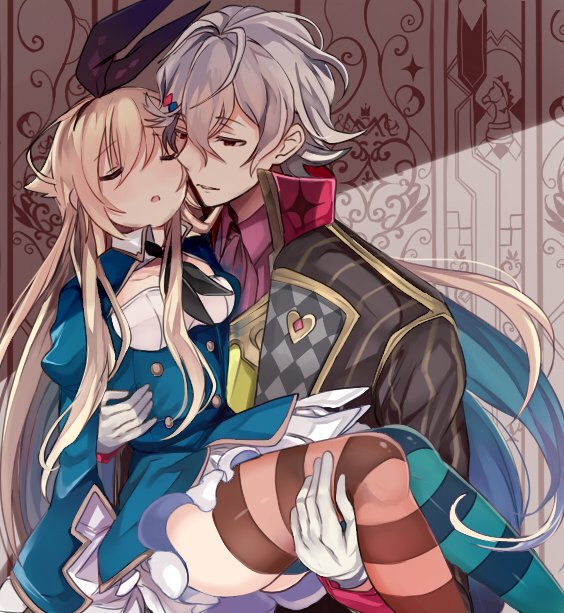 1boy, 1girl, alice_(grimms_notes), alice_(original)_(grimms_notes), carrying, carrying_person, grimms_notes, lewis_carroll_(grimms_notes), lewis_carroll_(original)_(grimms_notes), retsuto, source_request, thighhighs, thighs, unfinished, upper_body