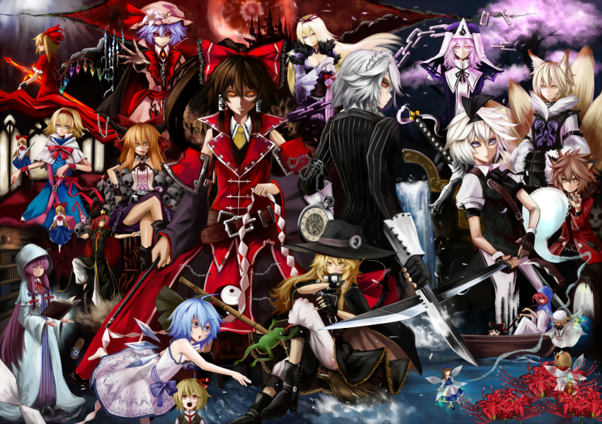 6+girls, alice_margatroid, alternate_costume, alternate_eye_color, blonde_hair, chain, chen, cirno