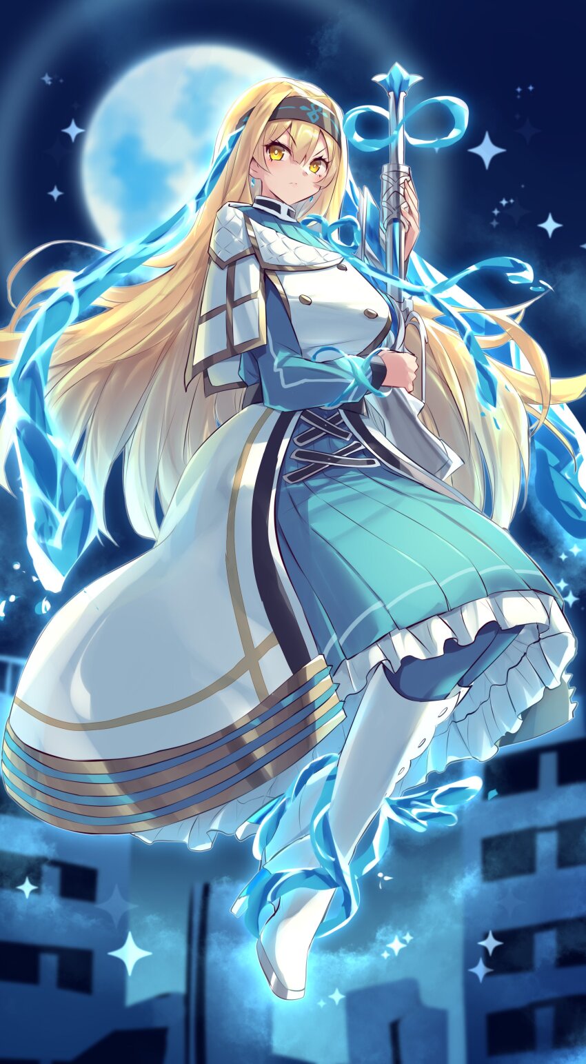 1girl, absurdres, blonde_hair, blush, boots, breasts, building, closed_mouth