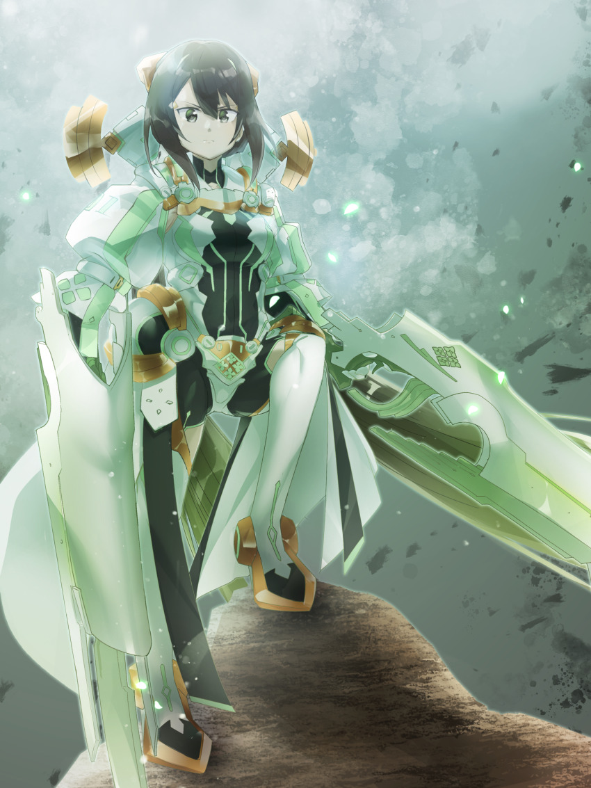 1girl, armor, armored_bodysuit, black_eyes, black_hair, gun, highres, kusunoki_mebuki