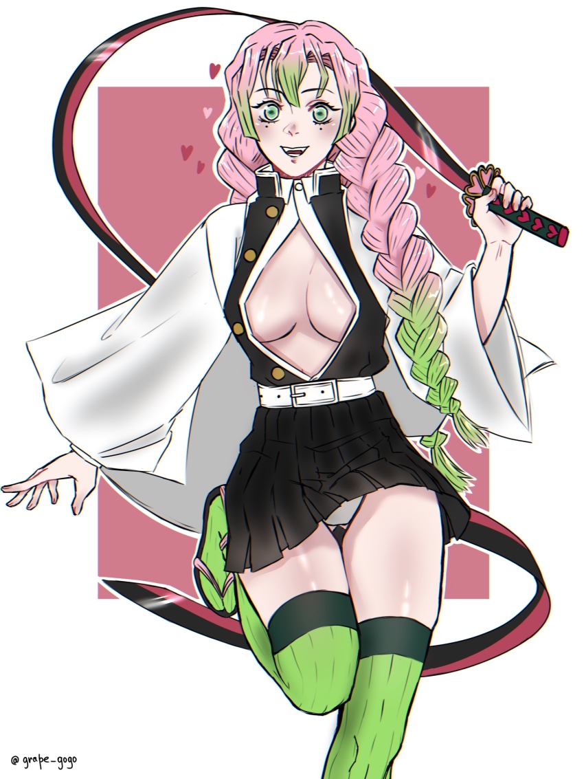 1girl, breasts, cleavage, commentary_request, demon_slayer_uniform, gluteal_fold, gradient_hair, grape_gogo