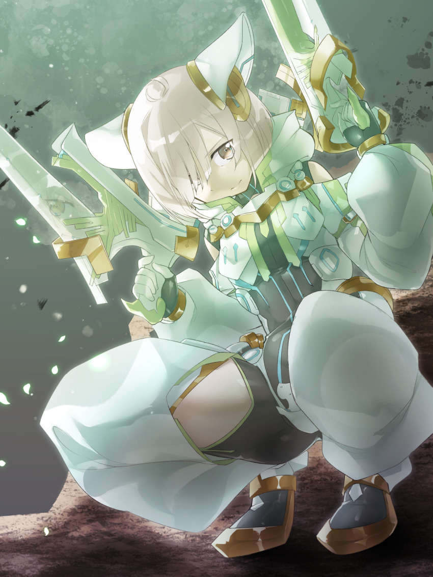 1girl, armored_bodysuit, grey_hair, gun, highres, hime_cut, holding, holding_gun