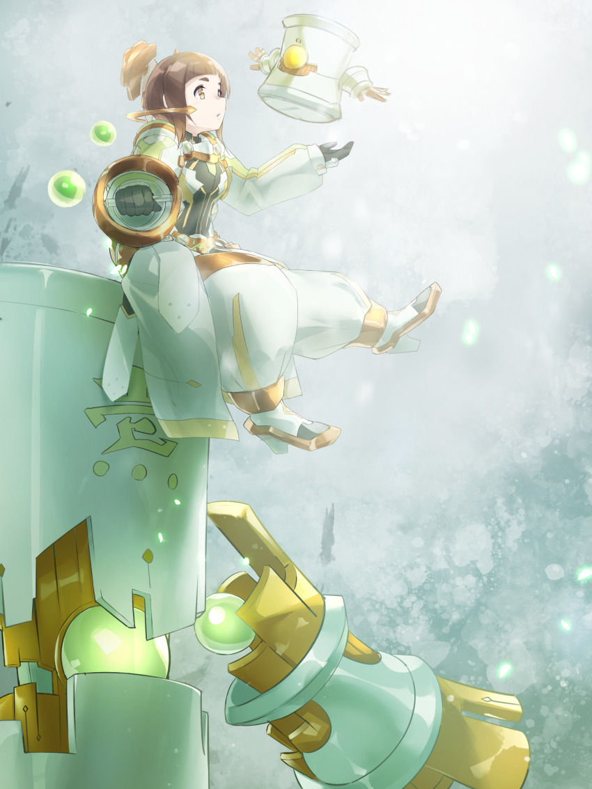 1girl, armored_bodysuit, brown_hair, gauntlets, highres, kagajou_suzume, kusunoki_mebuki_wa_yuusha_de_aru, masabou