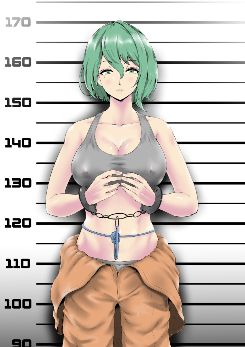 1girl, absurdres, bra, breasts, covered_erect_nipples, cuffs, dead_or_alive, green_eyes