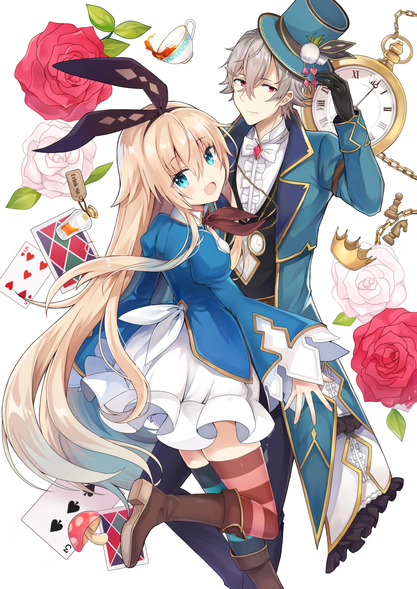 1boy, 1girl, absurdres, alice_(grimms_notes), alice_(original)_(grimms_notes), aqua_thighhighs, asymmetrical_legwear, back