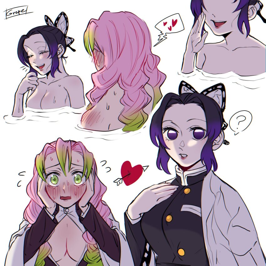 2girls, arrow_through_heart, black_hair, blush, breasts, butterfly_hair_ornament, cleavage, cleavage_cutout, clothing_cutout, commentary_request, demon_slayer_uniform, ear_blush, flying_sweatdrops, gradient_hair, grape_gogo, green_eyes, green_hair, hair_ornament, hands_on_own_chest, haori, highres, japanese_clothes, kanroji_mitsuri, kimetsu_no_yaiba, kochou_shinobu, large_breasts, medium_breasts, multicolored_hair, multiple_girls, partially_unbuttoned, pink_hair, purple_eyes, purple_hair, russian_commentary, shoulder_blush, signature, tri_braids, white_haori, yuri