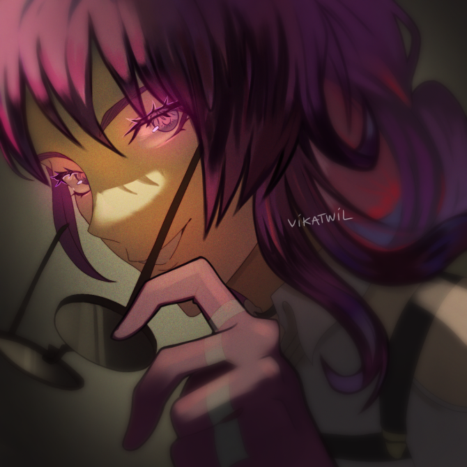 1girl, breasts, eyewear_on_head, gloves, hair_between_eyes, honkai:_star_rail, honkai_(series), jacket, kafka_(honkai:_star_rail), large_breasts, long_hair, long_sleeves, looking_at_viewer, purple_eyes, purple_gloves, purple_hair, round_eyewear, shirt, smile, solo, sunglasses, vikatwil, white_shirt