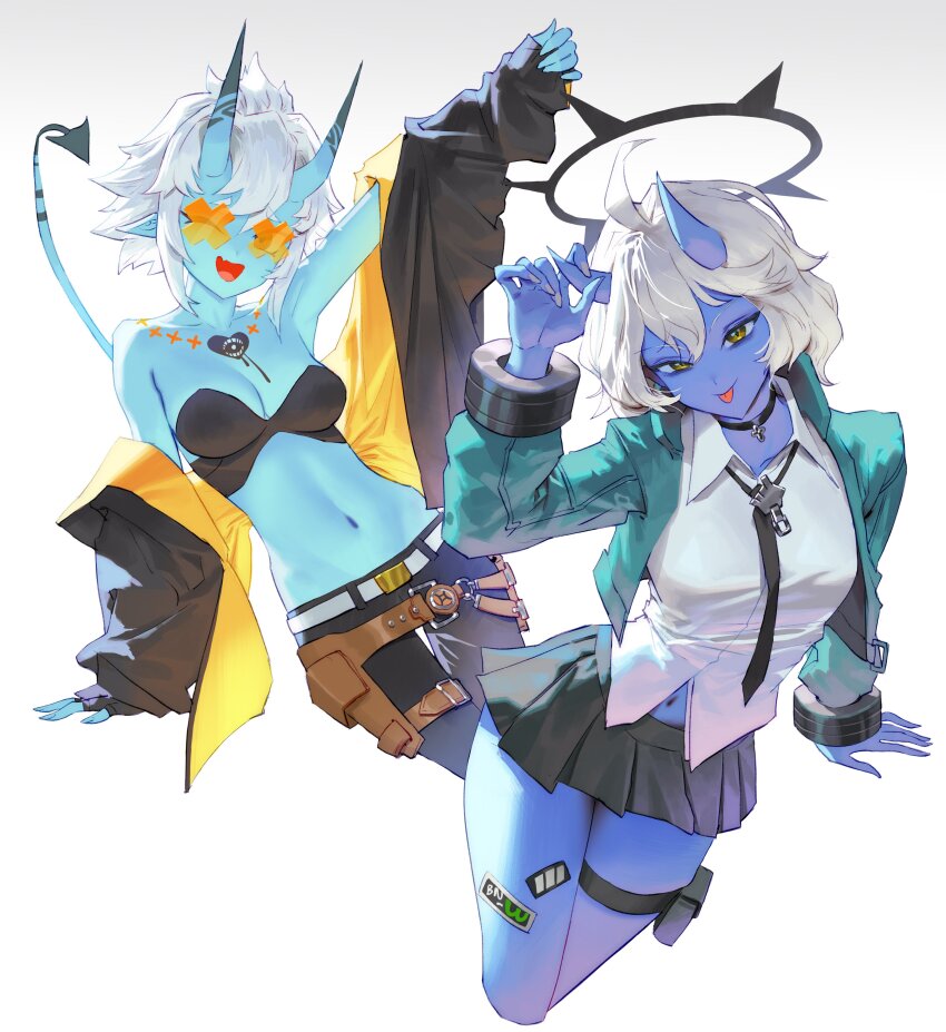 1girl, absurdres, black_bra, black_necktie, black_pants, blue_horns, blue_oni, blue_skin, blue_tail, bra, breasts, colored_skin, commentary, cosplay, costume_switch, crossover, dark_halo, fang, genderswap, genderswap_(mtf), green_jacket, grey_hair, guilty_gear, guilty_gear_strive, hair_between_eyes, hair_between_horns, halo, happy_chaos, happy_chaos_(cosplay), highres, horns, jacket, looking_at_viewer, medium_breasts, midriff, miniskirt, multicolored_horns, multiple_girls, navel, necktie, off_shoulder, oni, open_mouth, pants, pointy_ears, red_eyes, shirt, short_hair, sidelocks, skin-covered_horns, skin-covered_tail, skirt, smile, soukaku_(zenless_zone_zero), soukaku_(zenless_zone_zero)_(cosplay), spiked_halo, strapless, strapless_bra, tinted_eyewear, tongue, tongue_out, two-tone_horns, two-tone_tail, underwear, white_hair, white_shirt, wonbin_lee, x-shaped_eyewear, zenless_zone_zero