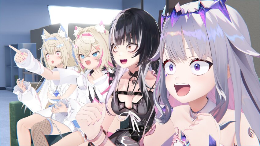 3d, 4girls, :3, :d, :o, absurdres, animal_ear_fluff, bandaid