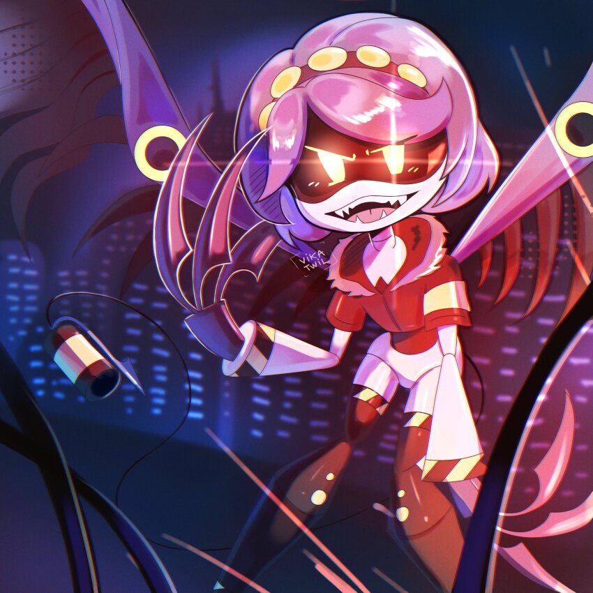 android, armband, black_hairband, black_jacket, grey_hair, hairband, highres, humanoid_robot, jacket, looking_at_viewer, mechanical_arms, mechanical_wings, murder_drones, open_mouth, robot, rocket_boots, short_hair, short_sleeves, smile, tail, v_(murder_drones), vikatwil, white_hair, wings, yellow_eyes