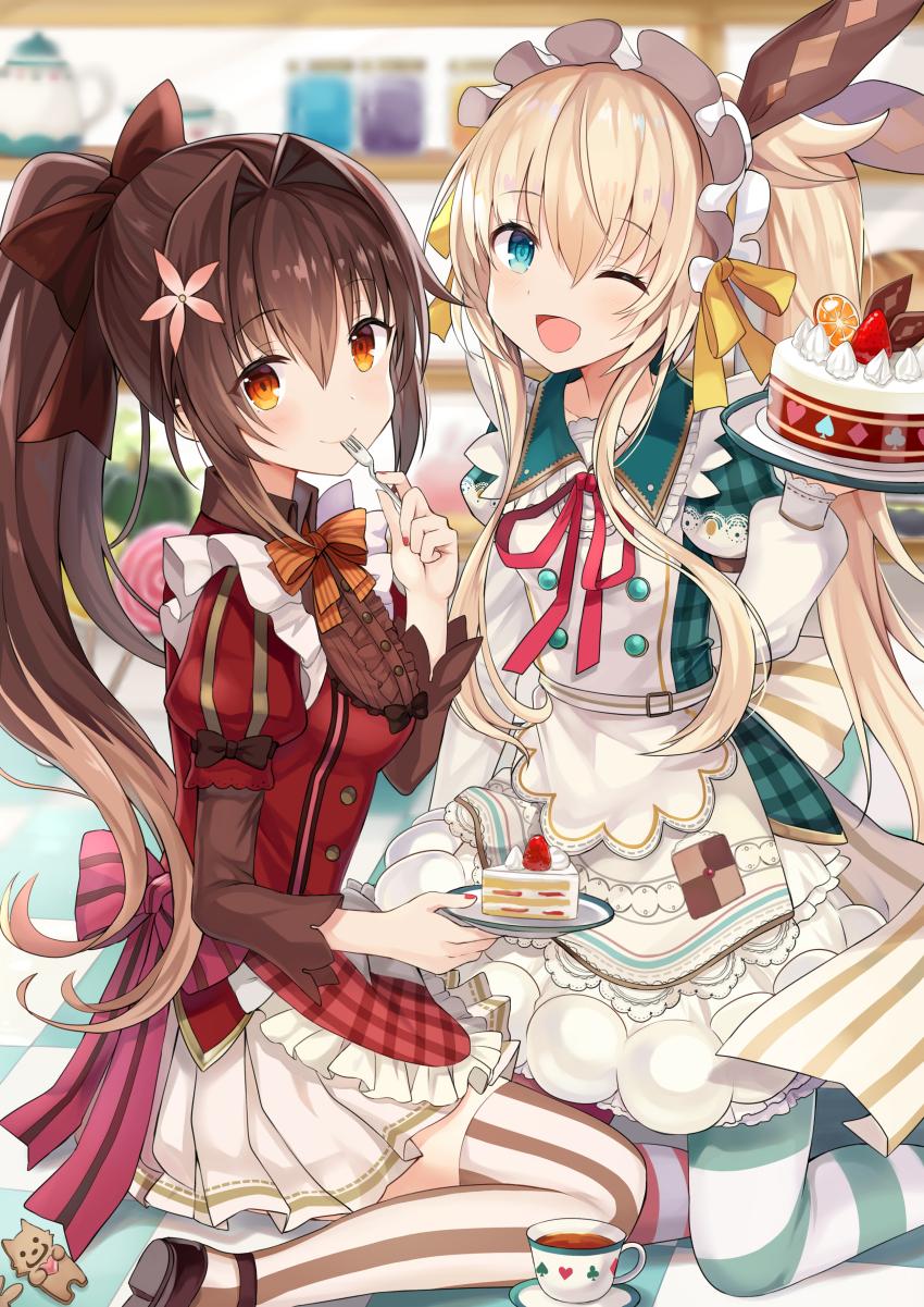 2girls, absurdres, alice_(grimms_echoes), apron, aqua_eyes, blonde_hair, brown_eyes, brown_hair