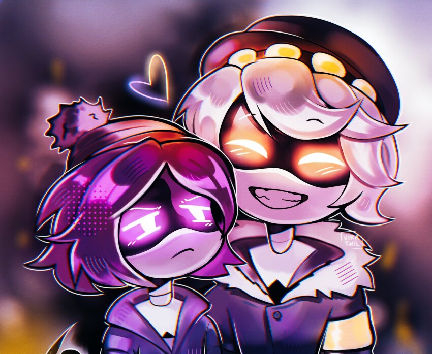 1boy, 1girl, android, beanie, black_hat, black_jacket, closed_mouth, fur_trim