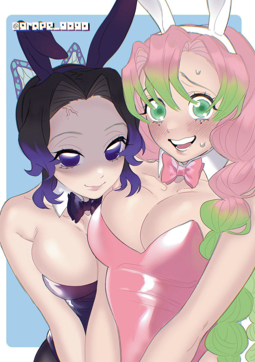 2girls, absurdres, anger_vein, animal_ear_hairband, animal_ears, armpit_crease, bare_shoulders, black_hair, bow, bowtie, breasts, butterfly_hair_ornament, cleavage, commentary_request, detached_collar, fake_animal_ears, false_smile, forehead, gradient_hair, grape_gogo, green_eyes, green_hair, hair_ornament, hairband, highres, kanroji_mitsuri, kimetsu_no_yaiba, kochou_shinobu, large_breasts, leotard, lossy-lossless, mole, mole_under_each_eye, mole_under_eye, multicolored_hair, multiple_girls, multiple_moles, non-web_source, pink_hair, playboy_bunny, purple_eyes, purple_hair, rabbit_ear_hairband, rabbit_ears, raised_inner_eyebrows, russian_commentary, shaded_face, smile, strapless, strapless_leotard, sweat, traditional_bowtie, twintails