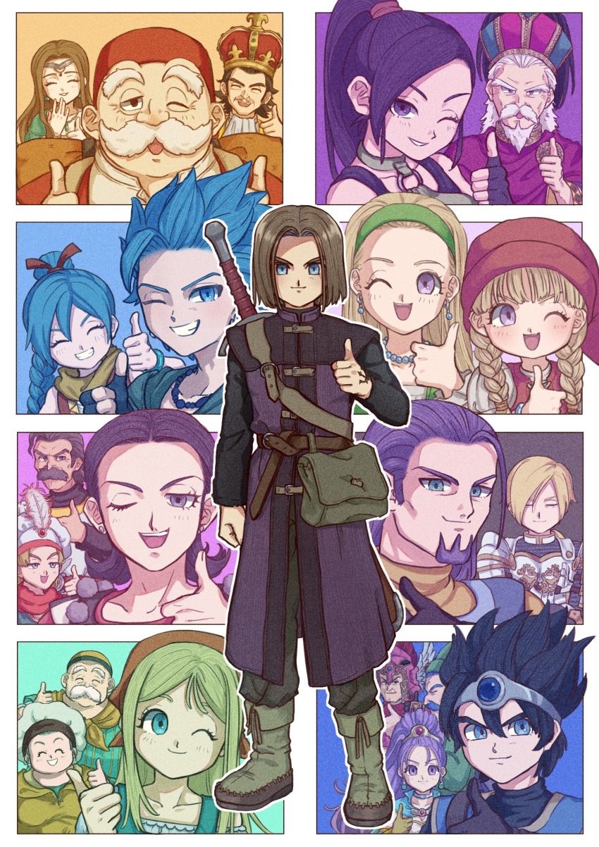 6+boys, 6+girls, ;d, amagosi_koto, ancestor_and_descendant, aqua_eyes, armor, bandana, bead_necklace, beads, black_gloves, black_hair, blonde_hair, blue_eyes, blue_gem, blue_hair, boots, border, bow, bracelet, braid, brother_and_sister, brown_hair, camus_(dq11), carnelian_(dq11), circlet, commentary_request, crown, diego_(dq11), dirndl, dragon_quest, dragon_quest_xi, earrings, eleanor_(dq11), emma_(dq11), everyone, facial_hair, faris_(dq11), father_and_child, father_and_daughter, father_and_son, fez_hat, film_grain, fingerless_gloves, gem, german_clothes, gloves, grandfather_and_grandson, green_boots, green_hairband, greig_(dq11), grey_hair, grin, hair_bow, hair_pulled_back, hair_slicked_back, hairband, hand_tattoo, hat, hat_feather, hero_(dq11), high_braided_ponytail, high_ponytail, highres, homeros_(dq11), husband_and_wife, irwin_(dq11), jewelry, king, long_hair, low_ponytail, low_twin_braids, martina_(dq11), maya_(dq11), mirror_twins, mother_and_child, mother_and_son, multiple_boys, multiple_girls, mustache, necklace, nerusen, o-ring, o-ring_top, old, old_man, one_eye_closed, open_mouth, orange_bandana, parent_and_child, parted_hair, perla_(dq11), ponytail, purple_eyes, purple_facial_hair, purple_hair, red_bow, red_hat, roche_(dq11), row_(dq11), scarf, senica_(dq11), senya_(dq11), short_hair, siblings, silver_circlet, single_bang, sisters, smile, sphere_earrings, spiked_hair, stud_earrings, sword, sword_on_back, sylvia_(dq11), tattoo, teo_(dq11), thumbs_up, twin_braids, twins, uranus_(dq11), veronica_(dq11), weapon, weapon_on_back, white_border, white_facial_hair, white_hair, yellow_scarf