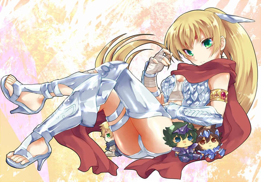 1girl, armor, artistic_error, blonde_hair, breasts, character_doll, chibi, cleavage