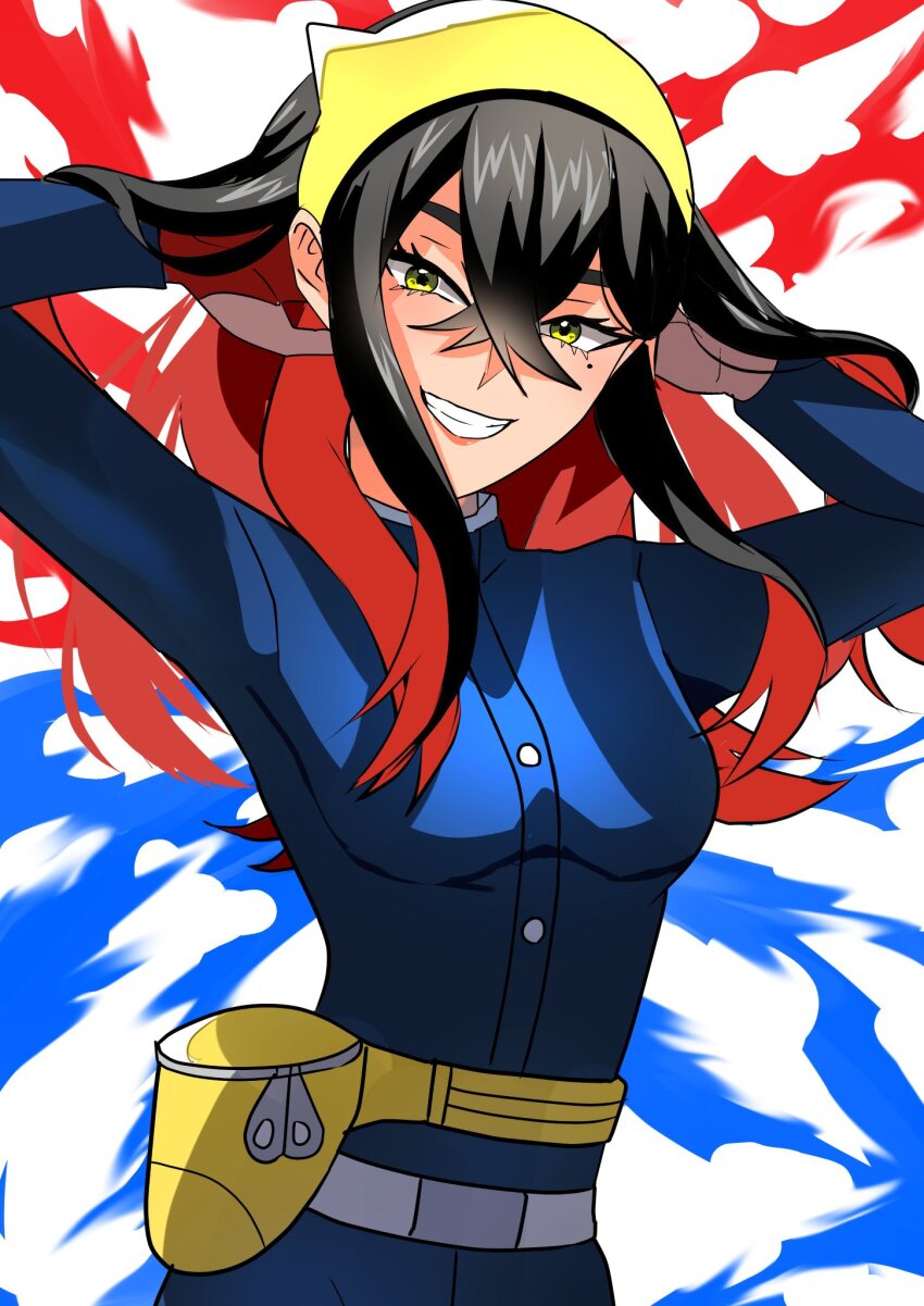 1girl, akisame_kanon, black_hair, blue_jacket, carmine_(pokemon), colored_inner_hair, crossed_bangs, eyelashes