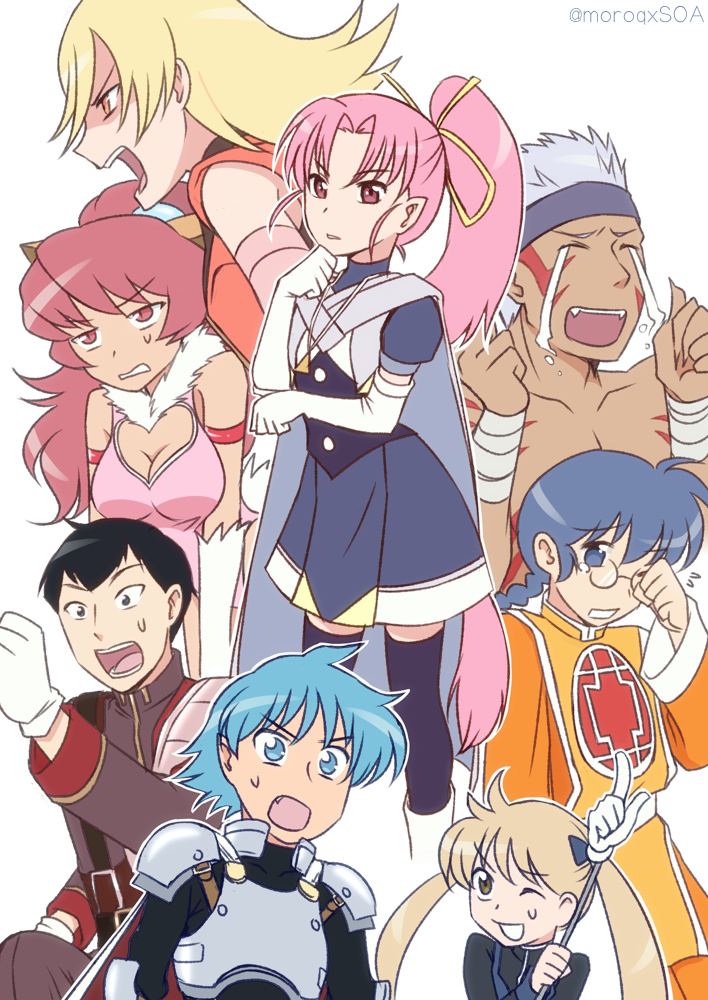 animal_ears, blonde_hair, breasts, cape, cyuss_warren, dress, gloves, ilia_silvestri, long_hair, millie_chliette, multiple_boys, multiple_girls, natsuki_megumi, open_mouth, perisie_(star_ocean), phia_mell, pink_hair, pointy_ears, ponytail, roddick_farrence, ronyx_j._kenny, simple_background, skirt, smile, star_ocean, star_ocean:_first_departure, t'nique_arcana, tail, thighhighs, welch_vineyard, white_background