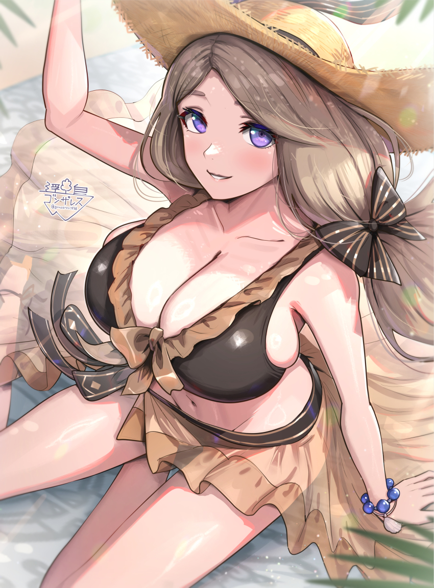 1girl, absurdres, alternate_costume, bare_arms, bare_shoulders, bikini, black_bikini, blonde_hair