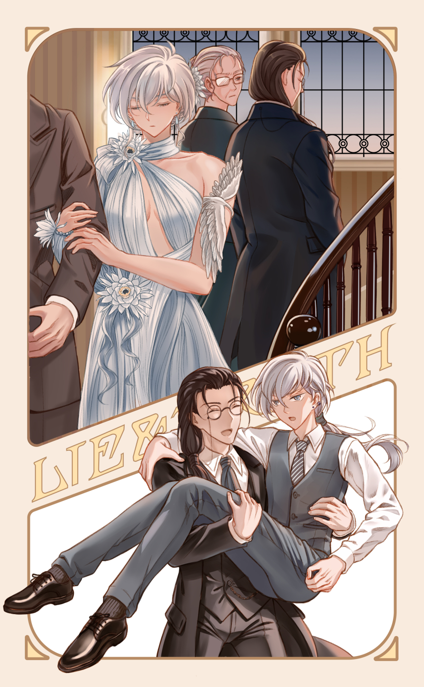 1girl, 3boys, :d, :o, ^_^, absurdres, arm_hug, armlet