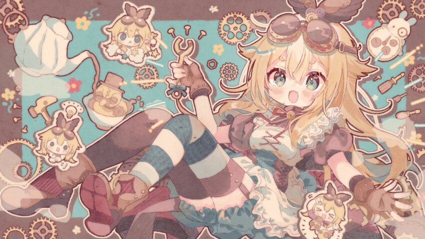 1girl, :d, apron, asymmetrical_legwear, blonde_hair, blue_background, blue_eyes, blue_shorts