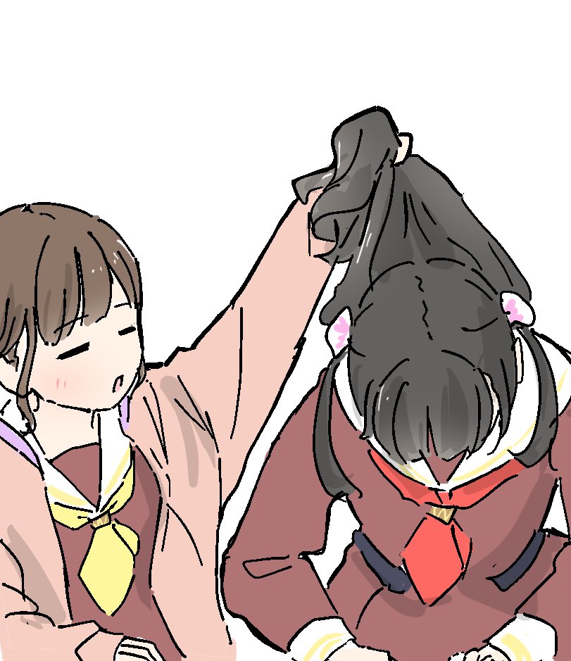 2girls, animification, black_hair, blunt_bangs, brown_dress, closed_eyes, commentary, dress